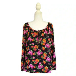 Betsey Johnson Tunic Long Sleeve Black with Pink Rose Print Top Size M